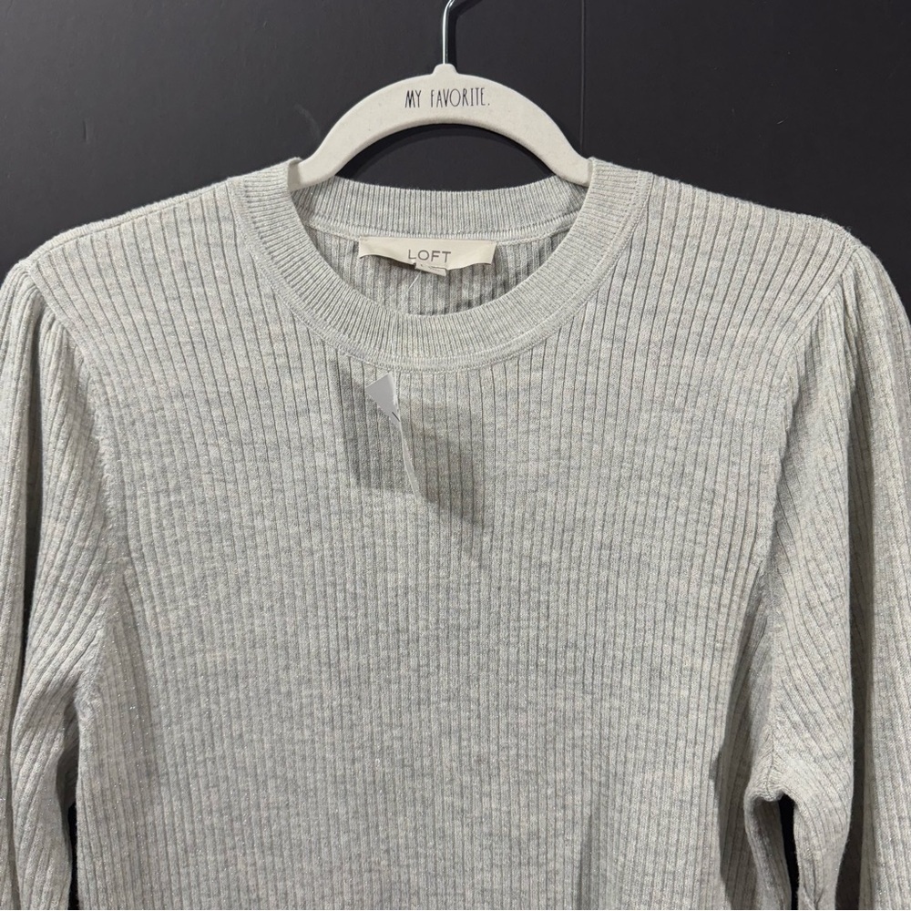 Loft Gray Ribbed Puff Sleeve Sweater NWT - Picture 3 of 9